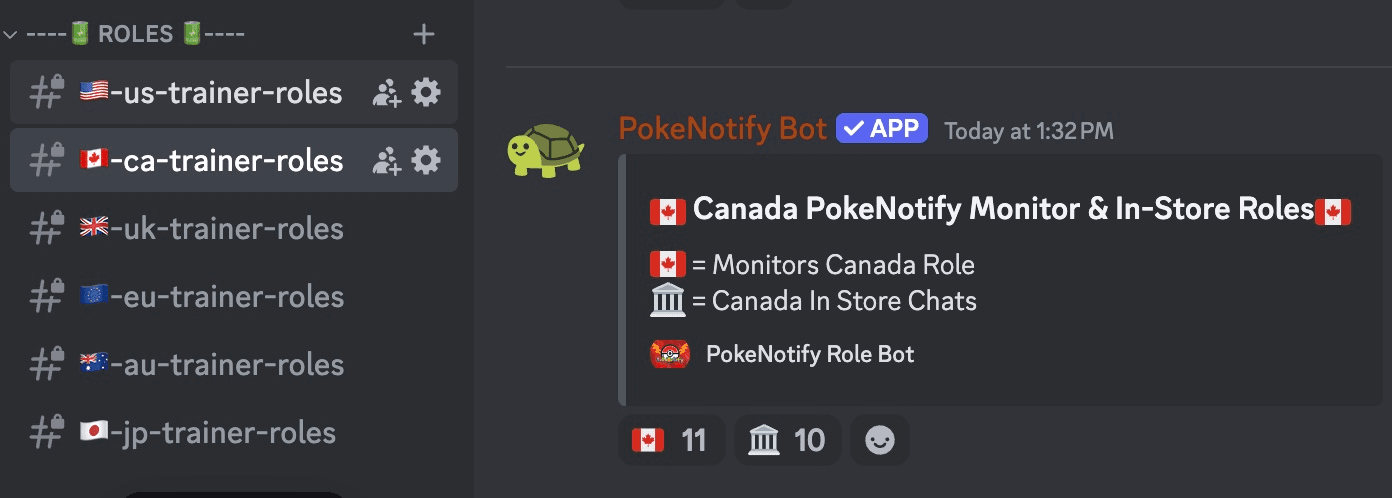 Discord roles channel list showing region trainer-roles channels (US, Canada, UK, EU, AU, JP) with the PokeNotify Bot's role-selection message for Canada Monitor and In-Store Roles.