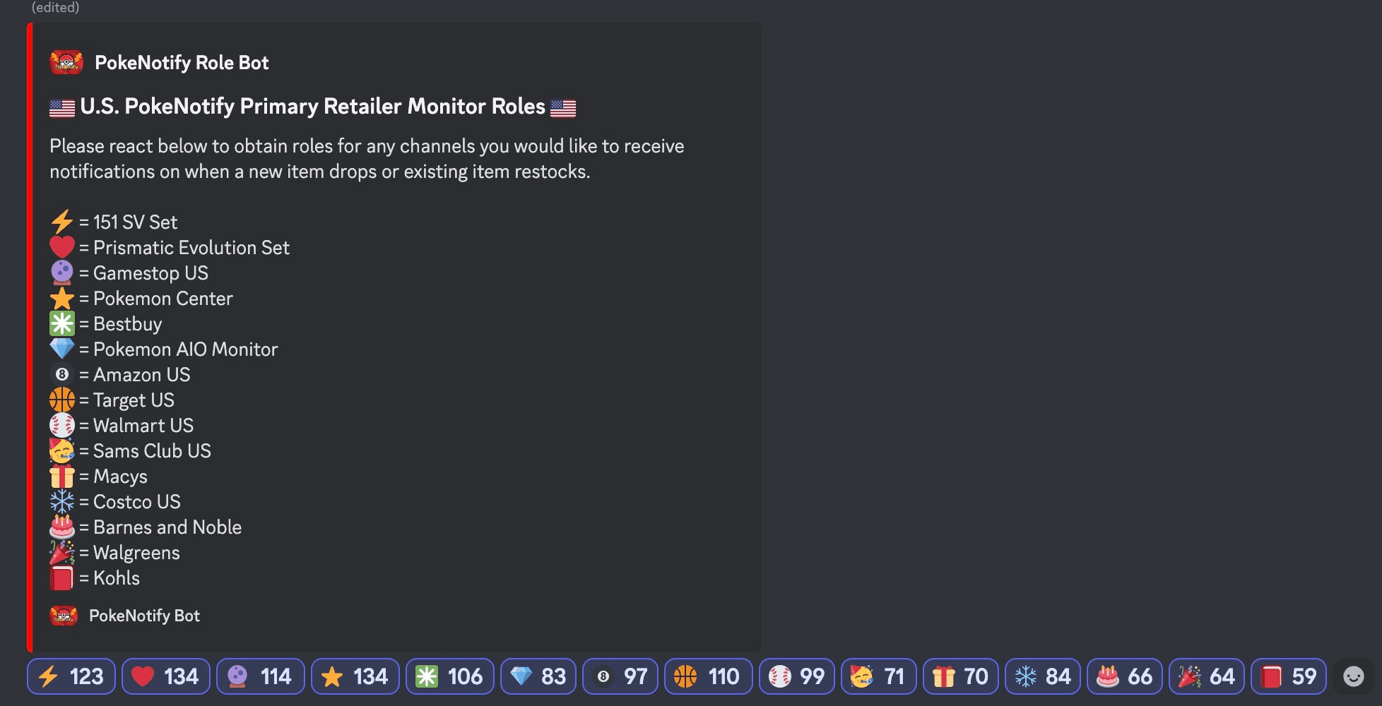 PokeNotify Role Bot message titled U.S. PokeNotify Primary Retailer Monitor Roles, listing emoji reactions for each retailer including 151 SV Set, Prismatic Evolution Set, Gamestop US, Pokemon Center, Bestbuy, Pokemon AIO Monitor, Amazon US, Target US, Walmart US, Sams Club US, Macys, Costco US, Barnes and Noble, Walgreens, and Kohls.