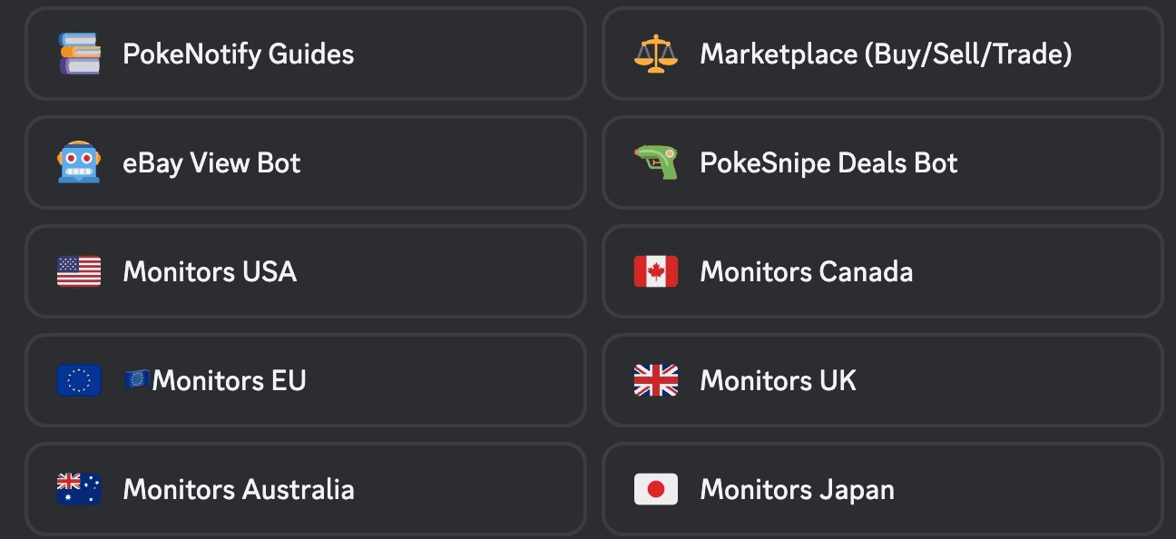 Discord roles available to select, including PokeNotify Guides, Marketplace, eBay View Bot, PokeSnipe Deals Bot, and regional Monitors (USA, Canada, EU, UK, Australia, Japan).