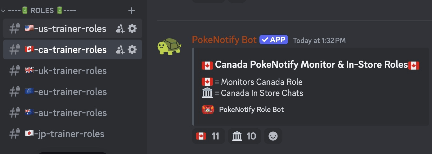 Discord roles channel list showing region trainer-roles channels (US, Canada, UK, EU, AU, JP) with the PokeNotify Bot's Canada Monitor & In-Store Roles selection message — flag icon for the Canada monitor role and building icon for Canada In-Store Chats access.