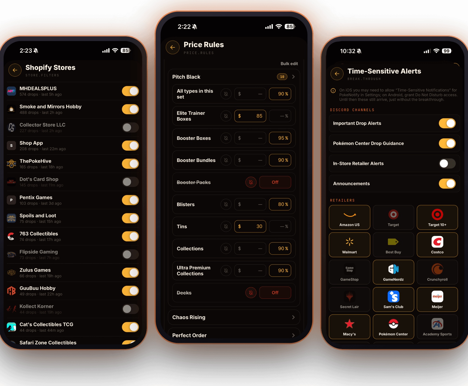 Personalization — TCG selection, price rules, and alert preferences