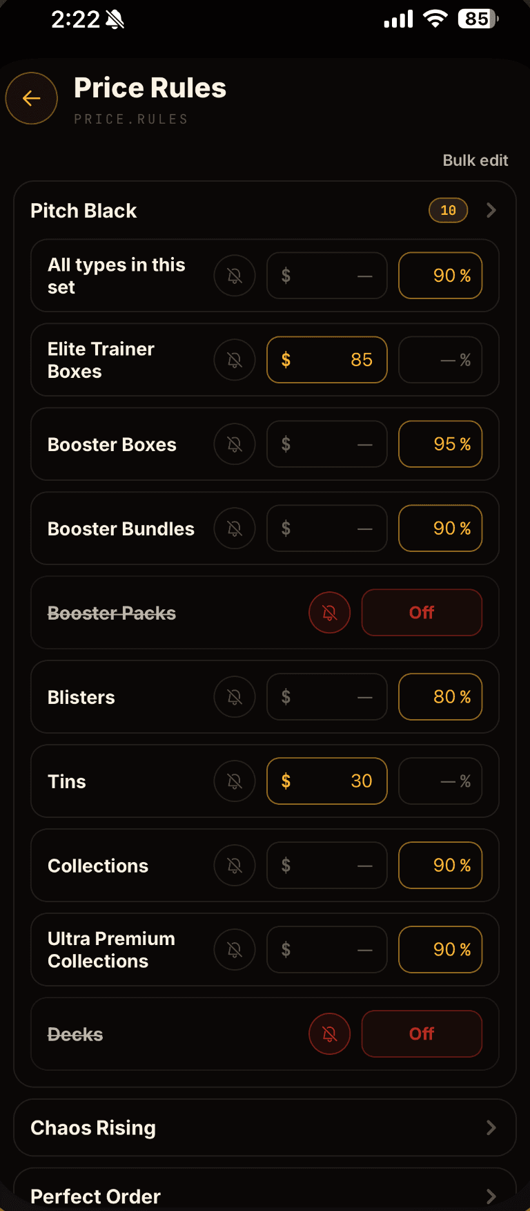 PokeNotify price rule settings